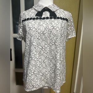 Karl Lagerfeld White Floral Lace Blouse w/ Black Bow | Parisian Chic